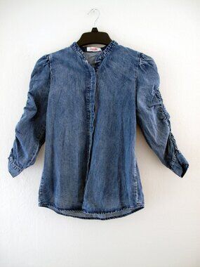 MAZIK Blue Denim Wahed Shirred Sleeve Top Size Small Women's Long Sleeve NWT